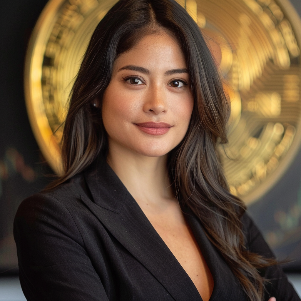 Anna Garcia in front of a Bitcoin image background